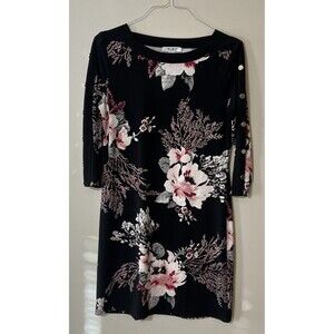 White House Black Market Black Floral Print Sheath Dress 3/4 Sleeves Medium
